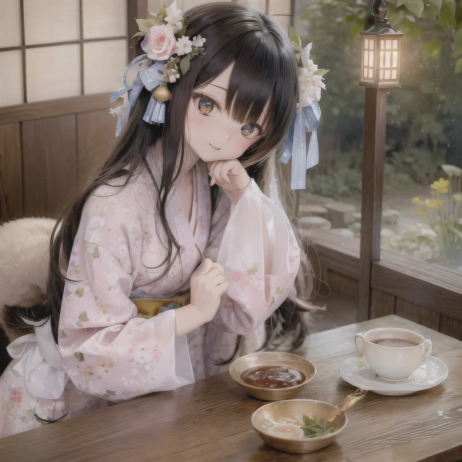 (best quality,4k,8k,highres,masterpiece:1.2),ultra-detailed,realistic,portraits,shiba inu girls chibi,traditional,peaceful,beautiful detailed eyes,beautiful detailed lips,soft and fluffy fur,girls in colorful yukatas,enjoying a relaxing time at a hot spring inn,tranquil atmosphere,traditional Japanese tatami room,floor-to-ceiling windows overlooking a picturesque garden,steamy hot spring water,decorative lanterns,lovely flower arrangements,delicate kimonos with intricate patterns,gentle steam rising from the onsen,serene smiles,twinkling stars in the night sky,magical cherry blossom trees in full bloom,painting-like scenery,soft pastel color palette,warm and cozy lighting,quiet and soothing ambiance,lovely shiba inus in chibi style,playful poses,cute accessories like bows and ribbons,lively expressions,relaxed and carefree atmosphere,refreshing green tea cups on a low table,sweet aroma of freshly brewed tea,gentle sound of flowing water from a nearby waterfall,subtle chirping of birds,serenity and bliss.