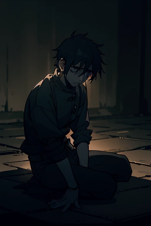 (best quality, realistic:1.37) solitary figure, kneeling on the ground, surrounded by darkness, somber atmosphere, teardrops rolling down his face, shadows cast upon his weary features, desolate landscape, muted color palette, gentle moonlight illuminating his sorrow, capturing the essence of isolation and sadness