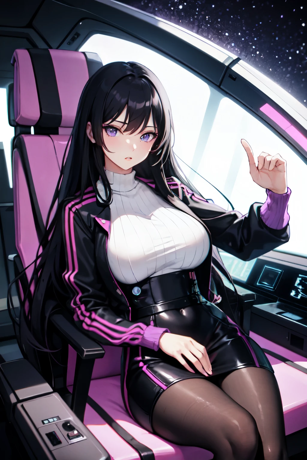beautiful woman, long black hair, purple eyes, purple casual futuristic outfit, big bust, black tights, inside a spaceship, high quality
