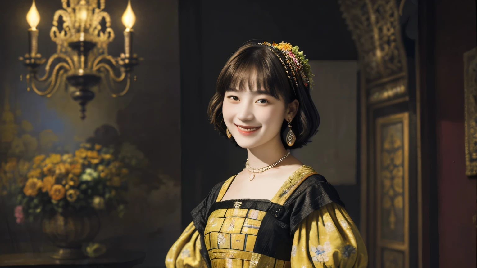 218 Short Hair, 20-year-old woman, A kind smile, Floral, (Colorful Dresses, Luxury palace), (Rembrandt painting)
