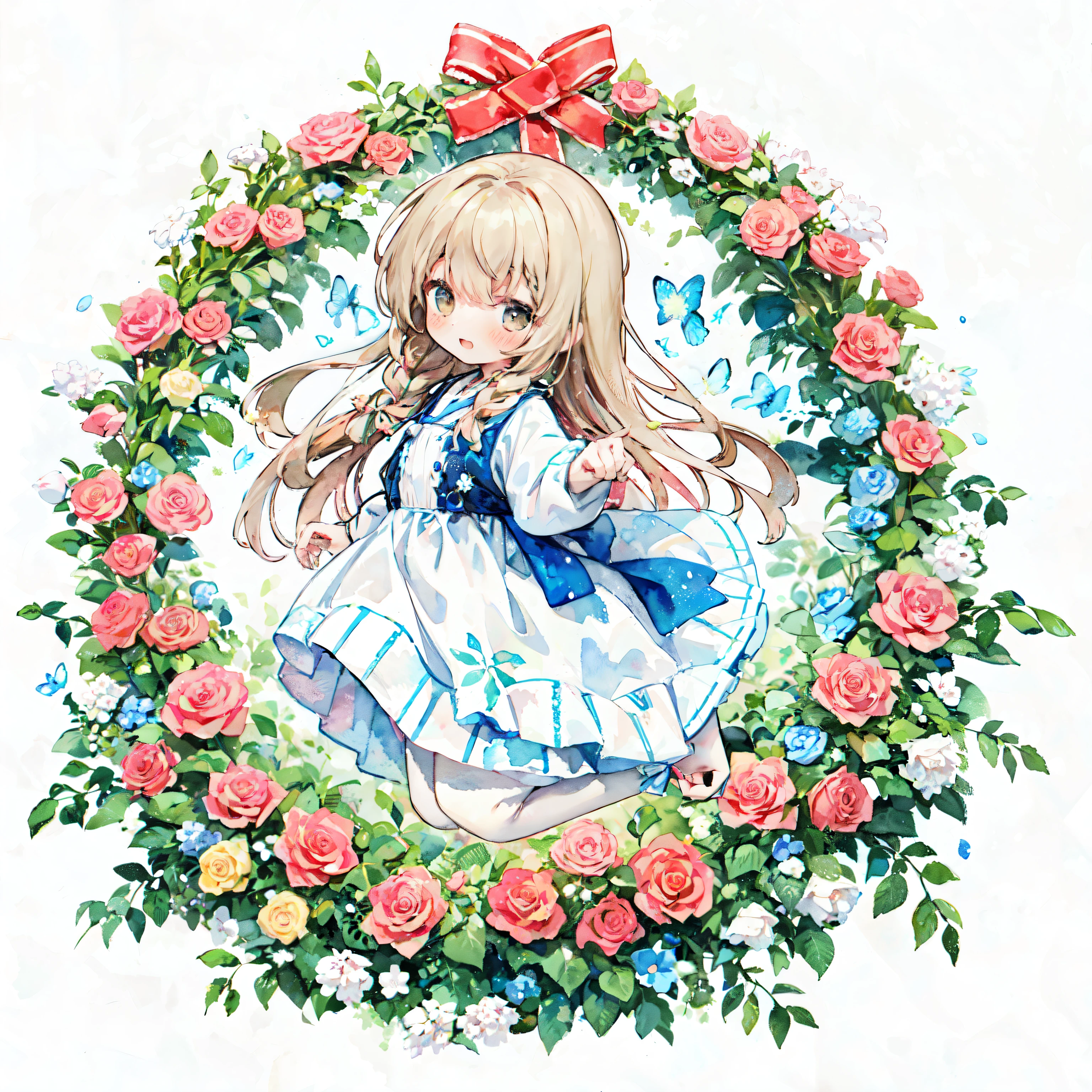 happiness、embarrassed、Pastel Watercolor、1girl:1.3、Photo of brown-eyed woman with cute smile、Full body Esbian:1.3、((Braid:2))、、spring wreath background、jump、floating、From the side、white background、Close-up、look around、laughter、((Have a big bouquet:1.2))、incline one's head to the side:1.3