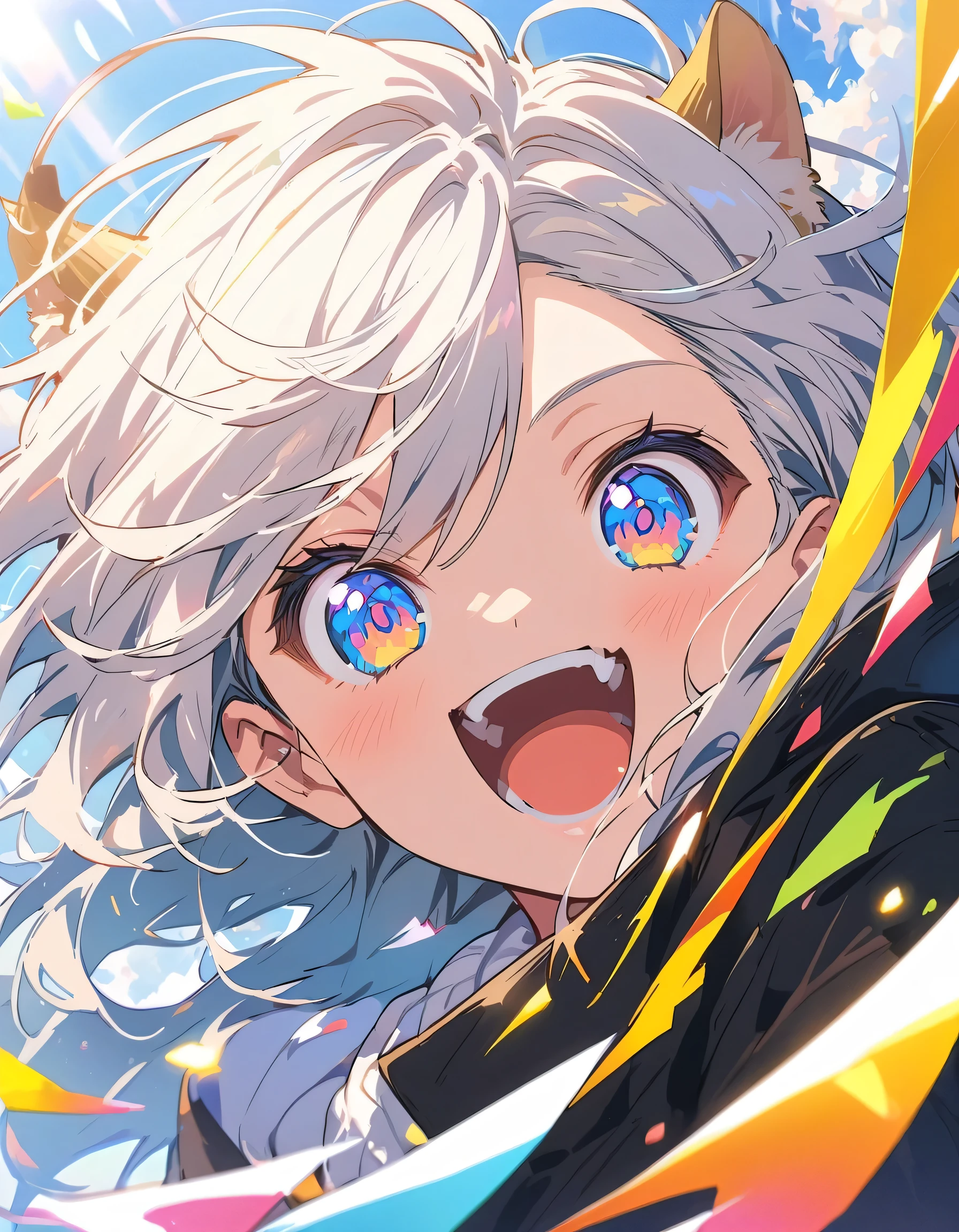 in love, Boys and Girls, 18-year-old, Happy, Happy、(highest quality、masterpiece、High resolution、detailed)、anime style、Flat Style、(iridescent eyes,Beautiful Face), BREAK,extremely detailed、floating, (High saturation), (Colorful paper_cut), (Shine), Focus on the face, Dynamic Angle、anime