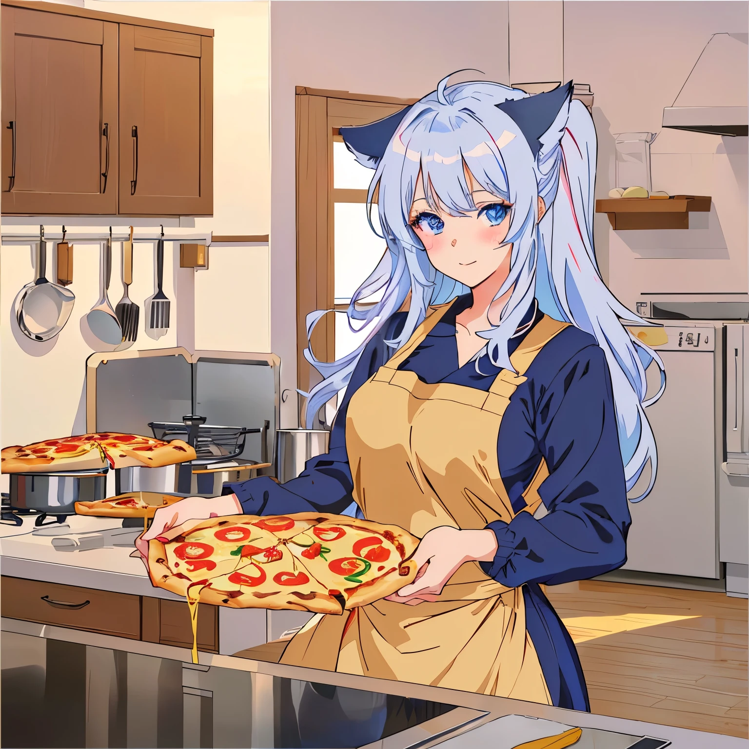 anime girl in an apron holding a pizza in a kitchen, best shadows, full details, anime, ak, hd, full, cooking pizza, presenting pizza, anime catgirl, holding pizza, commission for high res, commission for, in the art style of 8 0 s anime, anime girl with cat ears, in an anime style, in anime style, in the kitchen, anime food, cel - shaded art style