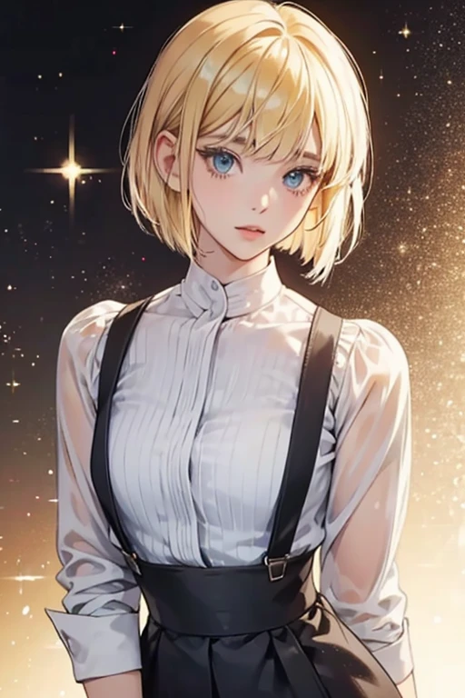 She has short, blonde hair in a bob cut style with her bangs swept to the side. She is seen wearing suspenders with her sleeves rolled up. SPARKLE; GLITTER