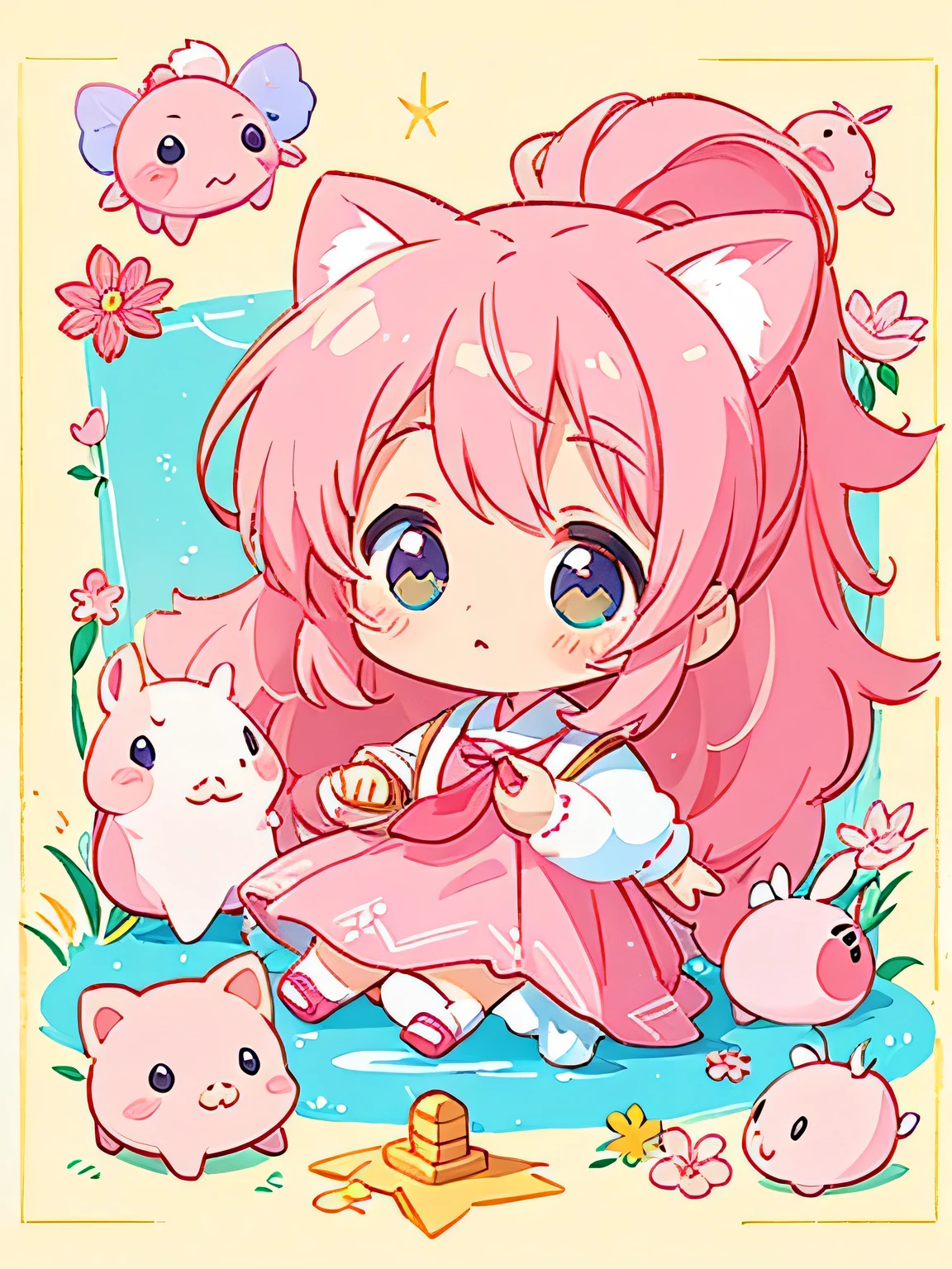 Momoko Sakura style, Kawaii Design, Chibi, School of、Lots of friendy friend is 子豚、lovely colorful pig