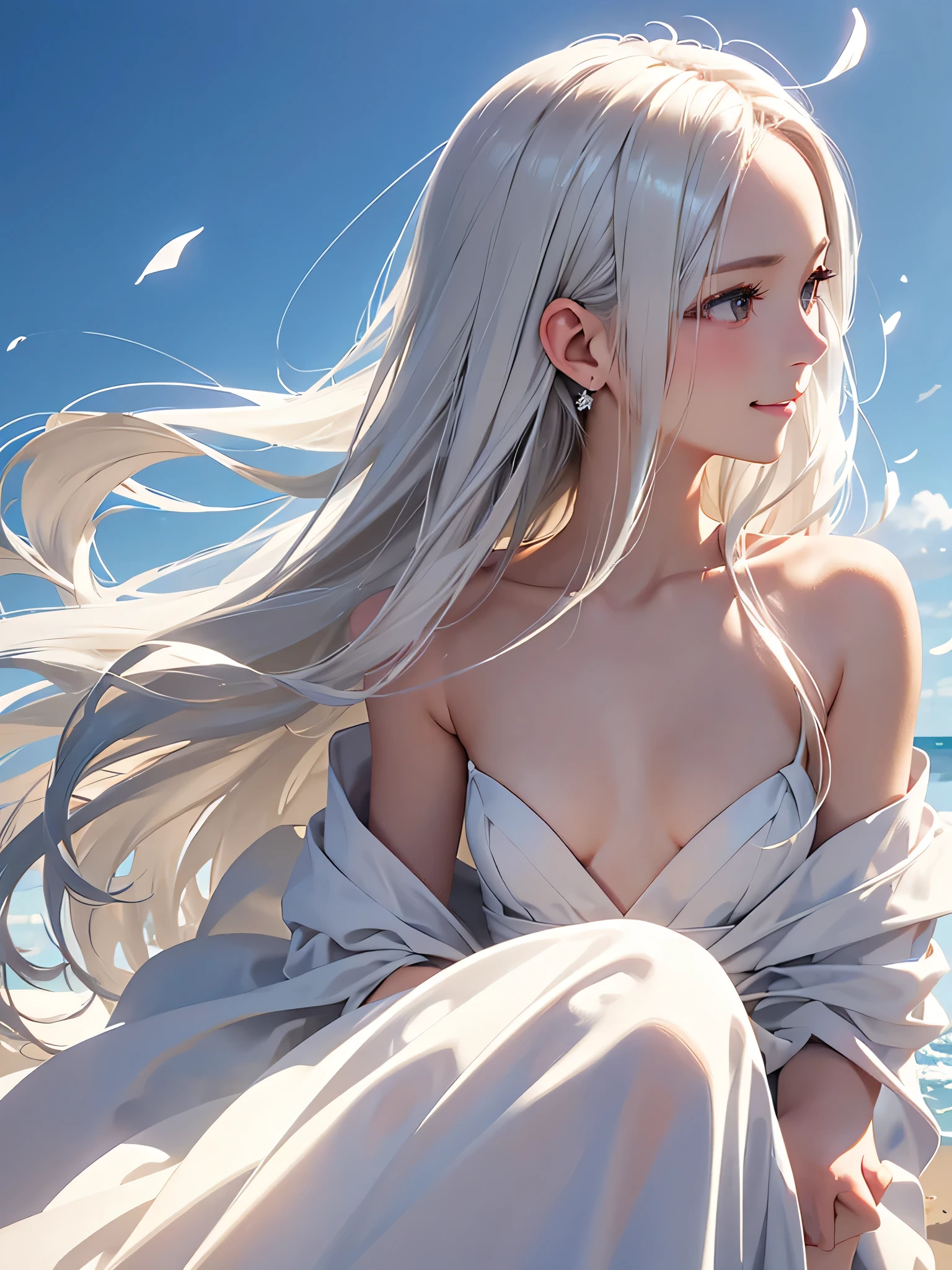 highest quality、Realistic、Women、Japanese、zoom、look up、cute、smile、Seaside、Gray eyes、Platinum Blonde Hair、long hair、Blowing in the Wind、profile、Wedding dress、Face close-up、slender、Small breasts