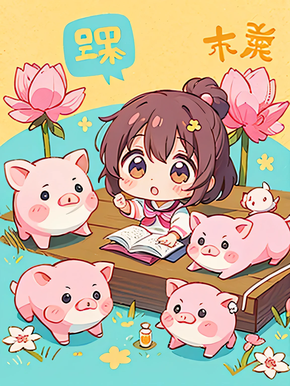 Momoko Sakura style, Kawaii Design, Chibi, School of、Lots of friendy friend is 子豚、lovely colorful pig