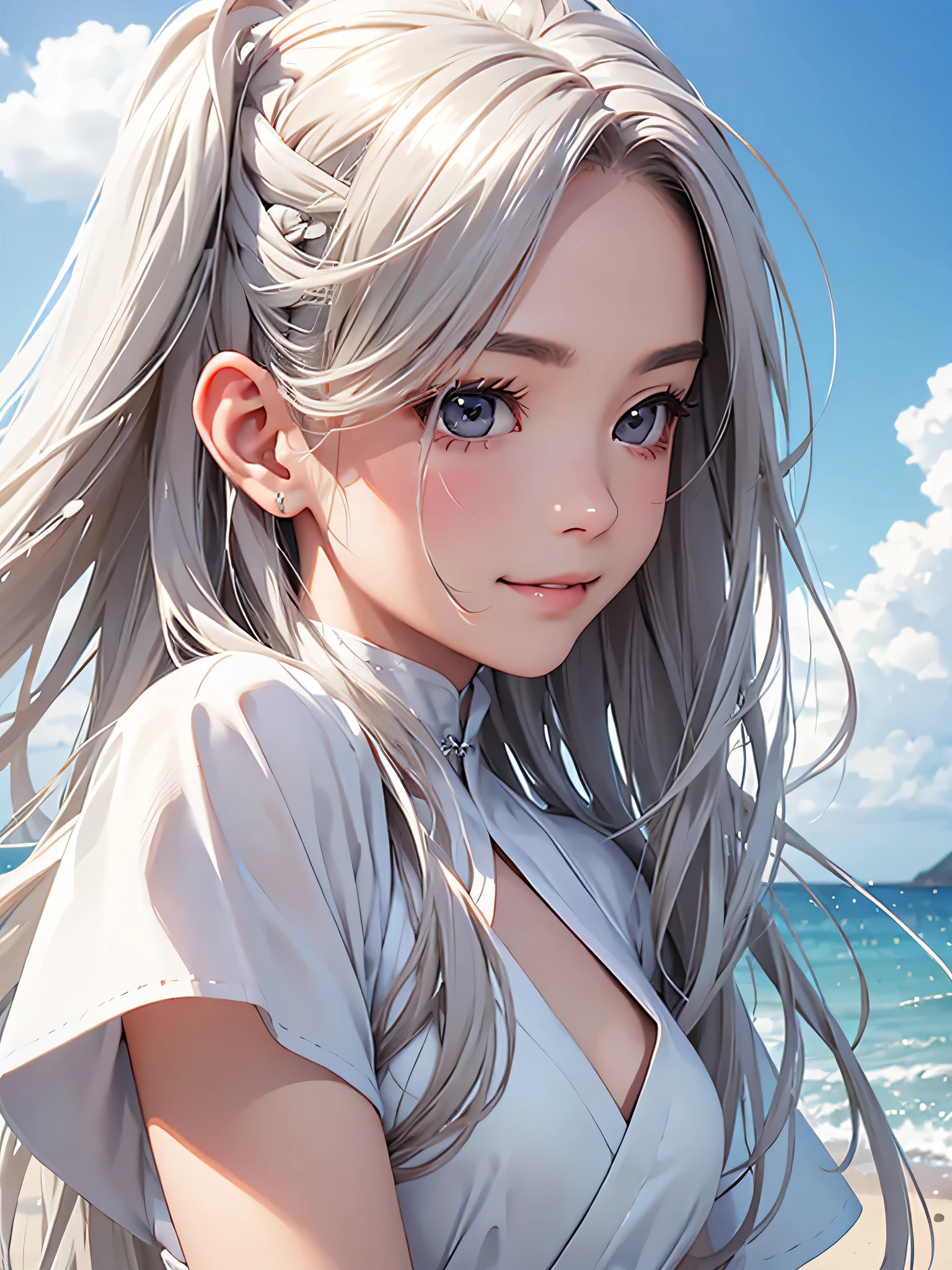 highest quality、Realistic、Women、Japanese、zoom、look up、cute、smile、Seaside、Gray eyes、Platinum Blonde Hair、long hair、Blowing in the Wind、profile、Wedding dress、Face close-up、slender、Small breasts