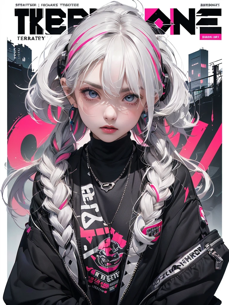 ((((dramatic))), (((gritty))), (((intense))) film poster featuring a young platinum white hair woman as the central character. She stands confidently in the center of the poster, wearing a stylish and edgy Harajuku-inspired hip hop outfit, with a determined expression on her face. The background is aesthetic atmospheric dark and gritty, with a sense of danger and intensity. The text is bold and attention-grabbing, with a catchy tagline that adds to the overall feeling of drama and excitement. The color palette is mainly dark with splashes of vibrant neon colors, giving the poster a dynamic and visually striking appearance,tachi-e
(magazine:1.3), (cover-style:1.3), fashionable, woman, vibrant, outfit, sexy seductive posing, front, colorful, dynamic, background, elements, confident, expression, holding, statement, accessory, majestic, coiled, around, touch, scene, text, cover, bold, attention-grabbing, title, stylish, font, catchy, headline, larger, striking, modern, trendy, focus, fashion,