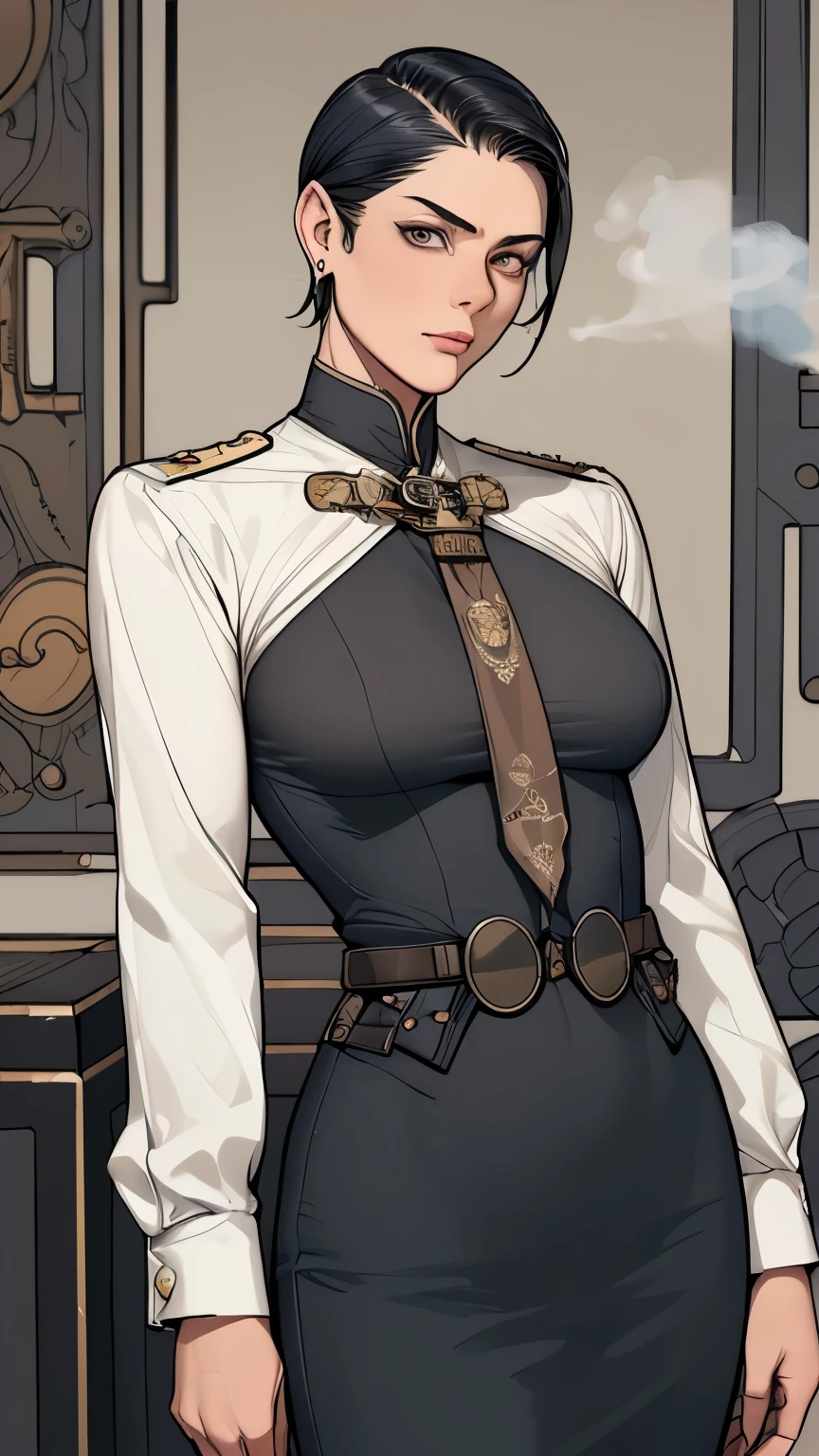 (masterpiece:1.3), (disorganized:1.3), (highest quality:1.3),(perfect anatomy:1.5),perfect finger,(detailed face), solo,1 middle age woman around 55 years old,Army officer,(Steam Punk), (Victorian era),Old Hong kong,(Kowloon area),horizontal angle,((looking at viewer:1.3)), (Super detailed:1.3),(best shadow:0.7),(small breasts),((slicked back short hair:1.1)),(treated hair),fine eyes, beautiful eyes, 1 mature woman, ((saggy small breasts)),((muscular)),dark skin,alone, standing, crystal earrings,closed_mouth, arm_behind_return,Army officer uniform,insignia,tie,pencil skirt,rest outdoors, intimidating pose,cowboy shot
