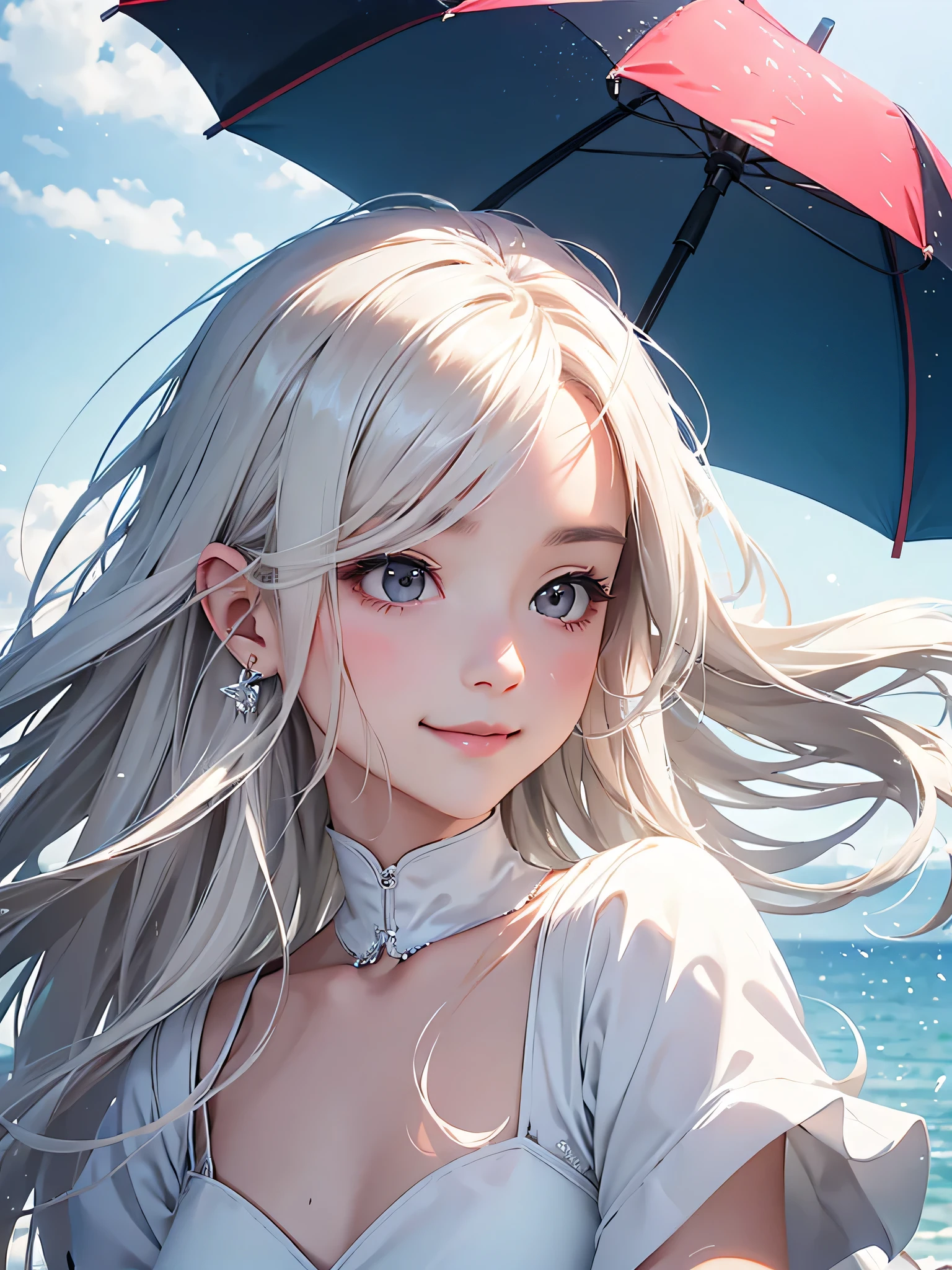 highest quality、Realistic、Women、Japanese、zoom、look up、cute、smile、Seaside、Gray eyes、Platinum Blonde Hair、long hair、Blowing in the Wind、profile、Wedding dress、Face close-up、slender、Small breasts