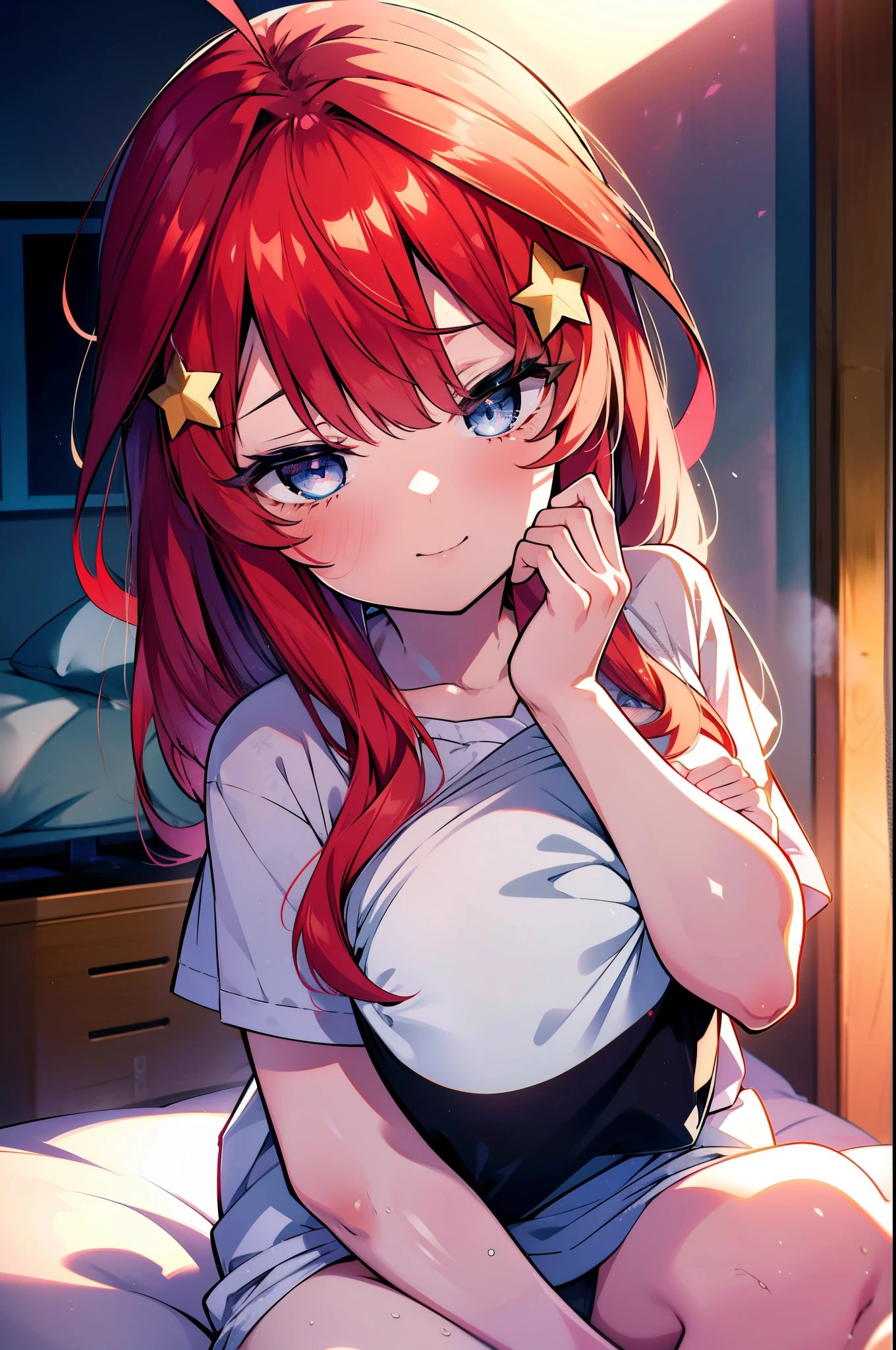 itsukinakano, Itsuki Nakano, bangs, blue eyes, Hair between the eyes, Ahoge, Redhead, star \(symbol\), hair ornaments, star hair ornaments,smile,Open your mouth,
Looks sleepy,Oversized T-shirt,Black string underwear,barefoot,Holding a big pillow in both arms,Put your face on the pillow,Sitting on the bed,morning,morning陽,The sun is rising　　　　　　　　　　　　　　　　　　 　　　break indoors, Bedroom, 　　　　　　　　　　　　　　　break looking at viewer, (Cowboy Shot:1. 5)　　　　　　　　　　　　　　　　　　　　　break (masterpiece:1.2), highest quality, High resolution, unity 8k wallpaper, (shape:0.8), (Beautiful details:1.6), Highly detailed face, Perfect lighting, Extremely detailed CG, (Perfect hands, Perfect Anatomy),