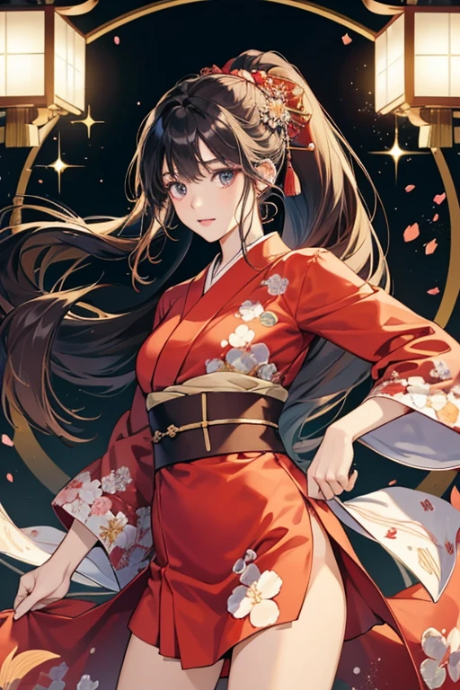 Nanase is a young and beautiful Japanese woman, with a svelte body and long dark flowing hair, sometimes tied into a ponytail.
Nanase sports a number of different outfits, sometimes adorning plain dresses, but she also recurringly wears red kimonos with different floral motifs. SPARKLE; GLITTER