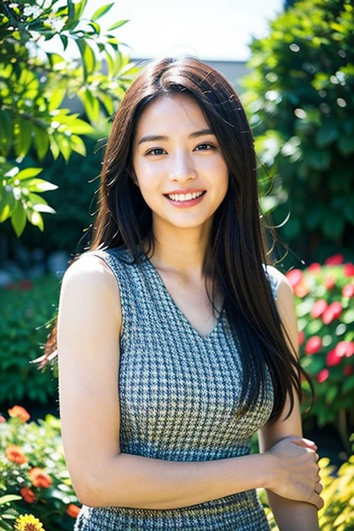 Realistic photography, Beautiful women. ,flower garden,smile