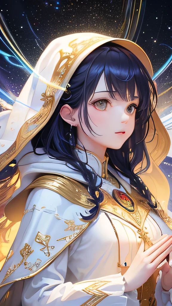 (masterpiece, highest quality, highest quality, Official Art, beautifully、aesthetic:1.2), (One girl), Very detailed, (Fractal Art:1.3), colorful, Most detailed, Perfect Face, Upper Body, High resolution, (pray:1.3), (White cloak, golden lines:1.2), Milky Way, (Streaks of Light), Impressive visuals, (Dynamic stripes, Light trail:1.2), Vibrant colors,