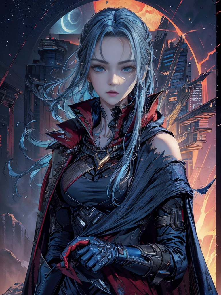 cinematic lighting、highest quality,cyberpunk world、1 female、(20 year old beautiful woman、Detailed beautiful facial features、shoulder length hair、blue hair、Very detailed and beautiful blue eyes:1.4)break,medium hair、（Bright blue hair、shining hair）（See here、chest and cleavage:1.4）（Cool and stylish cyber tech wear:1.2）(scratch、Returned blood adheres to the face and chest)(tattered cloak:1.3)android（beautiful starry sky scenery、roof of the building:1.2）(It&#39;s cold so white breath comes out of my mouth:1.5)