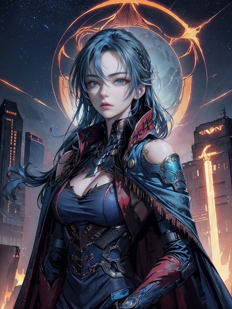 cinematic lighting、highest quality,cyberpunk world、1 female、(20 year old beautiful woman、Detailed beautiful facial features、shoulder length hair、blue hair、Very detailed and beautiful blue eyes:1.4)break,medium hair、（Bright blue hair、shining hair）（See here、chest and cleavage:1.4）（Cool and stylish cyber tech wear:1.2）(scratch、Returned blood adheres to the face and chest)(tattered cloak:1.3)android（beautiful starry sky scenery、roof of the building:1.2）(It&#39;s cold so white breath comes out of my mouth:1.5)