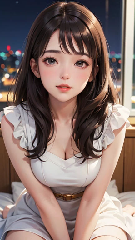 Blushing lightly and smiling, (Top quality masterpiece:1.2) Delicate illustrations, Very detailed, /Beautiful Japanese women in their 40s、1 person,Excellent style 、((8K images、super high quality))、Very delicate face, Beautiful forehead、Red lipstick,(((((Long Hair、Light brown hair、The tips of the hair are golden))))),Very cute Japanese cut face、Eyes and nose are clearly visible、Kind eyes,(Sexy one piece dress)、Night view