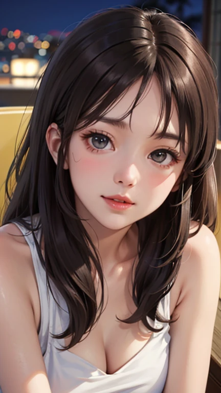 Blushing lightly and smiling, (Top quality masterpiece:1.2) Delicate illustrations, Very detailed, /Beautiful Japanese women in their 40s、1 person,Excellent style 、((8K images、super high quality))、Very delicate face, Beautiful forehead、Red lipstick,(((((Long Hair、Light brown hair、The tips of the hair are golden))))),Very cute Japanese cut face、Eyes and nose are clearly visible、Kind eyes,(Sexy one piece dress)、Night view