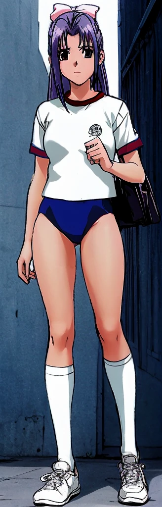Momoko Koigakubo, a tall girl with beautiful legs, is standing in a white gym uniform and navy blue bloomers that look like panties.。