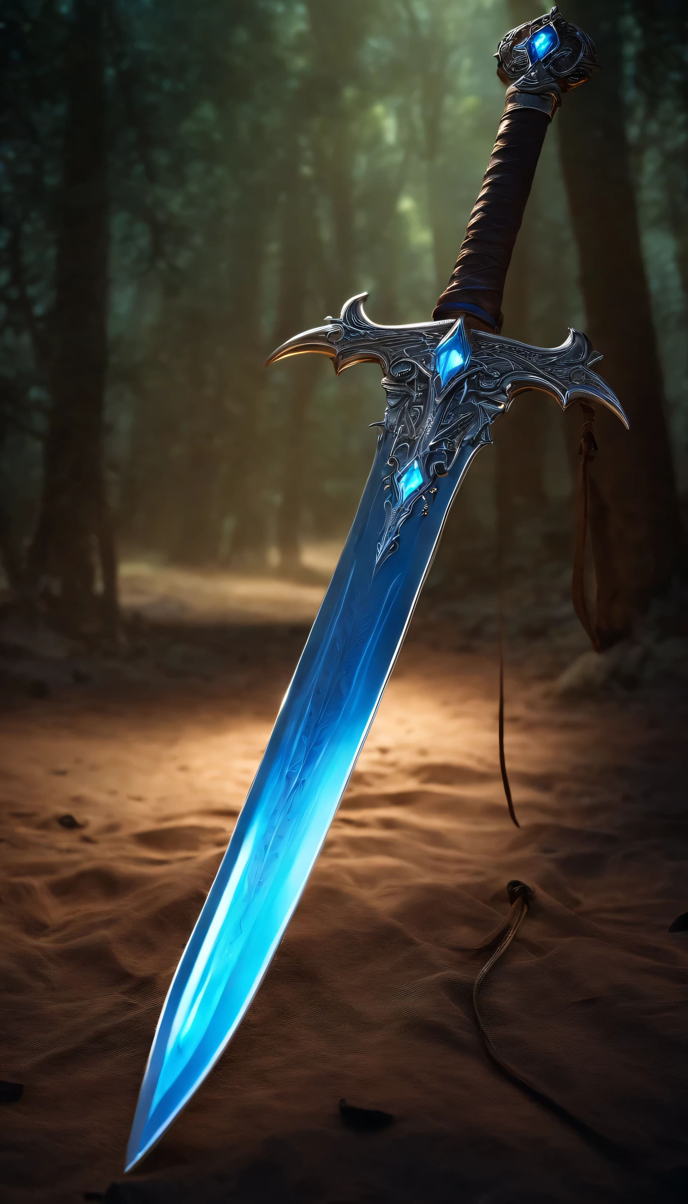 Long sword with blue electric lighting effect, shine silver sword with light, magic aura, great weapon. laydown on the leather.