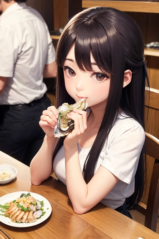 The customer next to me at Ondo Kaisan is an oyster girl eating raw oysters.