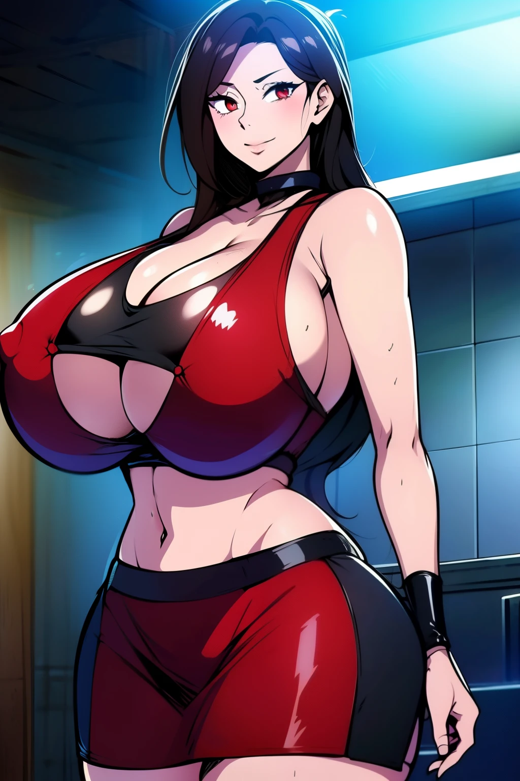 An anime-style artwork depicting tifa from the game final fantasy 7
Tags: tifa, anime, detailed eyes, detailed lips, ass, 1girl, red eyes, gauntlet, elbow pad, miniskirt, (black crop top:1.1), (black hair:1.1), solo, huge breasts, smiling expression, intense gaze, dynamic pose, indoor, palace, vibrant colors, digital art, high-resolution, professional quality, gigantic breasts, cleavage), (underboob : 1.4), curvy, cowboy shot, (gigantic breasts: 1.4),