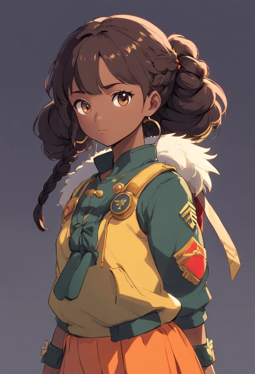 garota negra, pele negra, pele escura, roupa militar, cabelo curto, cabelo colorido, hair with braids, estilo afro, fofa, cute, kawaii, serious face, brava, lutadora, fighter, madura