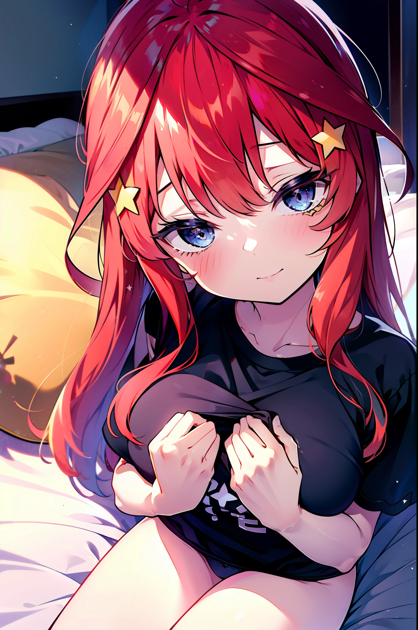 itsukinakano, Itsuki Nakano, bangs, blue eyes, Hair between the eyes, Ahoge, Redhead, star \(symbol\), hair ornaments, star hair ornaments,smile,Open your mouth,
Looks sleepy,Oversized T-shirt,Black string ?????????,barefoot,Holding a big pillow in both arms,Put your face on the pillow,Sitting on the bed,morning,morning陽,The sun is rising　　　　　　　　　　　　　　　　　　 　　　break indoors, Bedroom, 　　　　　　　　　　　　　　　break looking at viewer, (Cowboy Shot:1. 5)　　　　　　　　　　　　　　　　　　　　　break (masterpiece:1.2), highest quality, High resolution, unity 8k wallpaper, (shape:0.8), (Beautiful details:1.6), Highly detailed face, Perfect lighting, Extremely detailed CG, (Perfect hands, Perfect ???????),