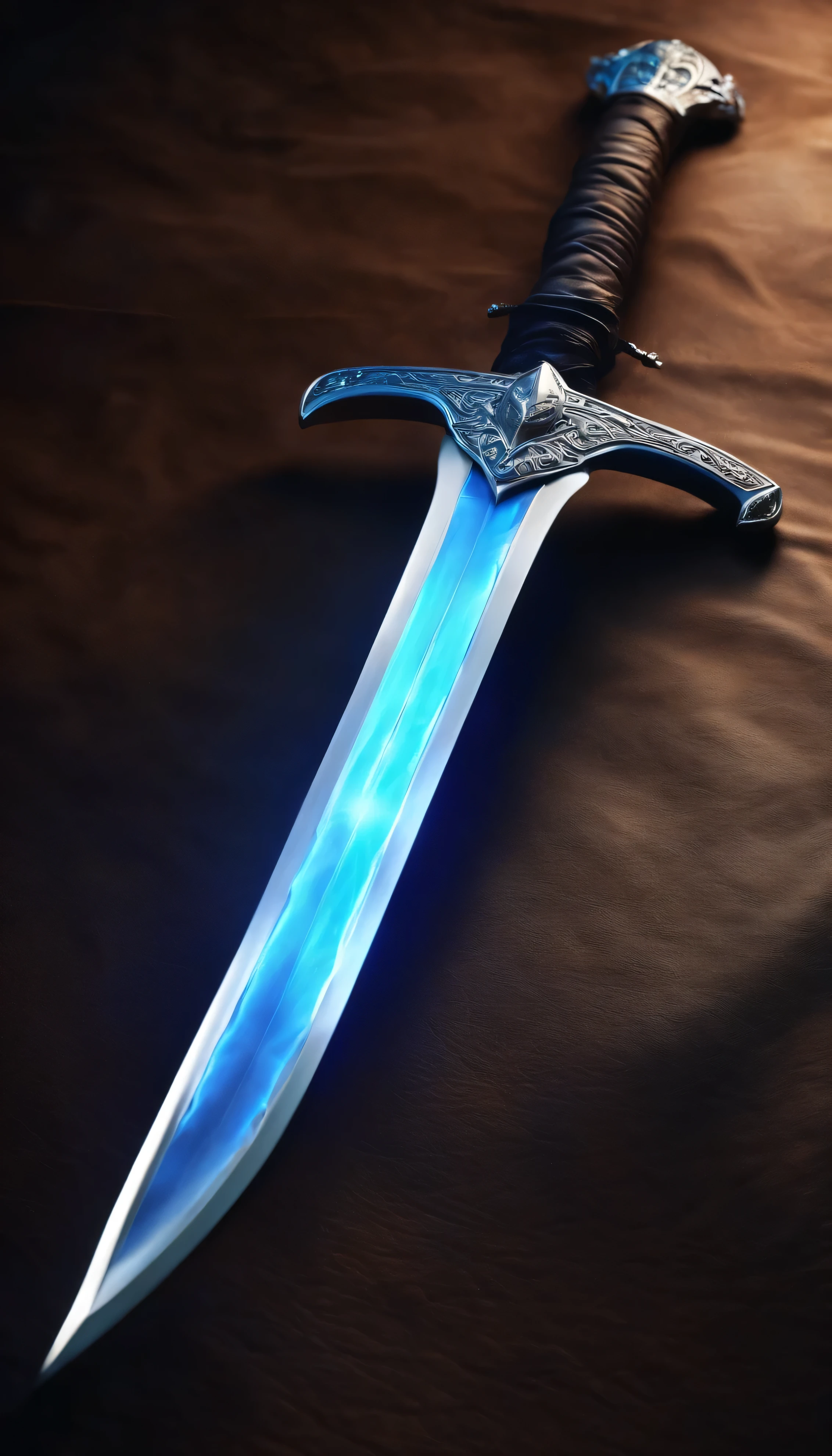 Long sword with blue electric lighting effect, shine silver sword with light, magic aura, great weapon. laydown on the leather.