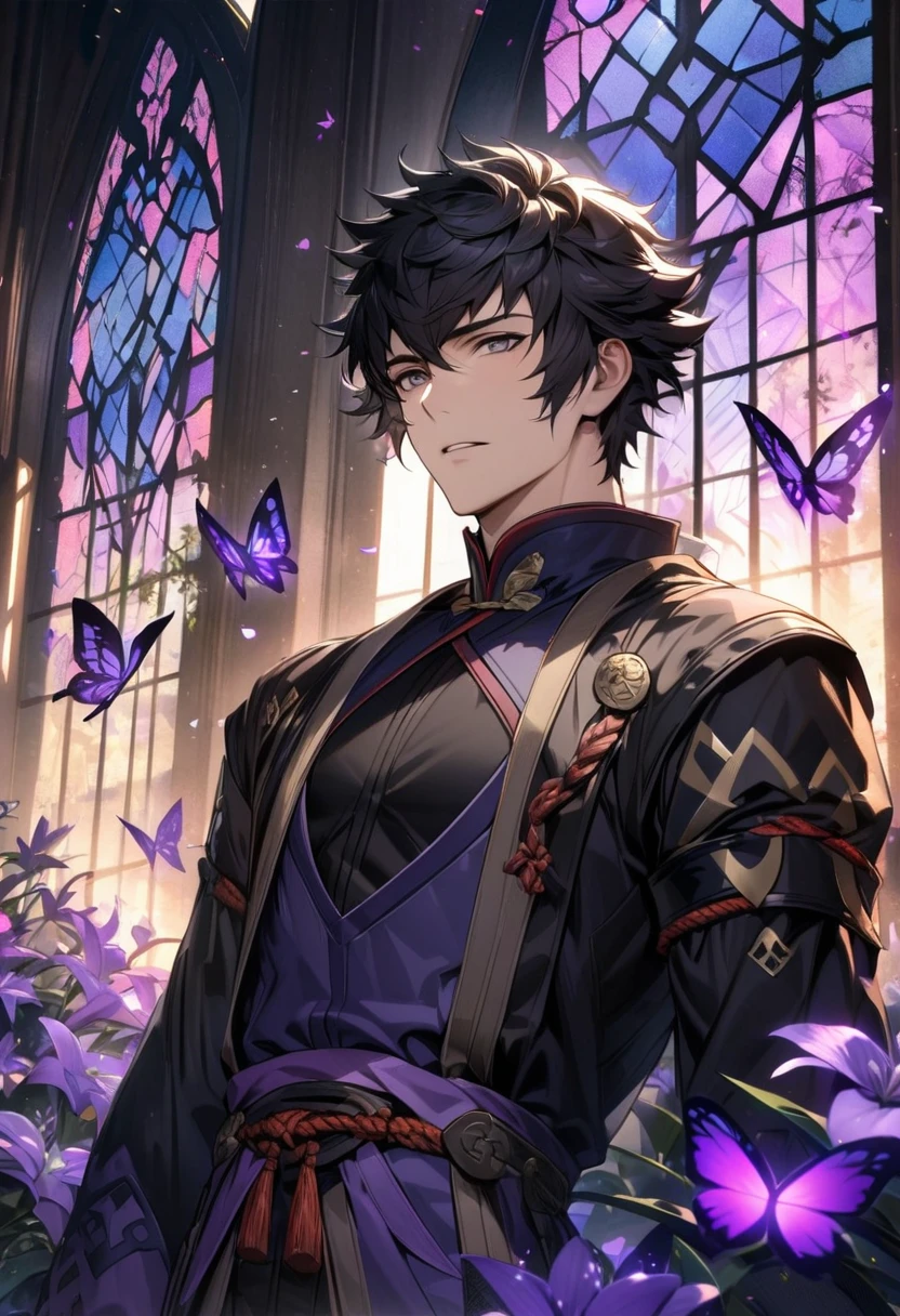 absurdres, highres, ultra detailed, HDR, master piece, best quality, Lon'qu, black hair, expressive grey eyes, Fire Emblem Awakening, solo, sexy man, handsome, glass stained window, purple shining butterflies, purple lilies, purple petals, garden