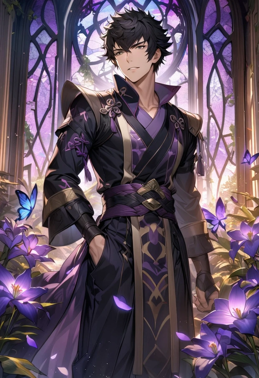 absurdres, highres, ultra detailed, HDR, master piece, best quality, Lon'qu, black hair, expressive grey eyes, Fire Emblem Awakening, solo, sexy man, handsome, glass stained window, purple shining butterflies, purple lilies, purple petals, garden