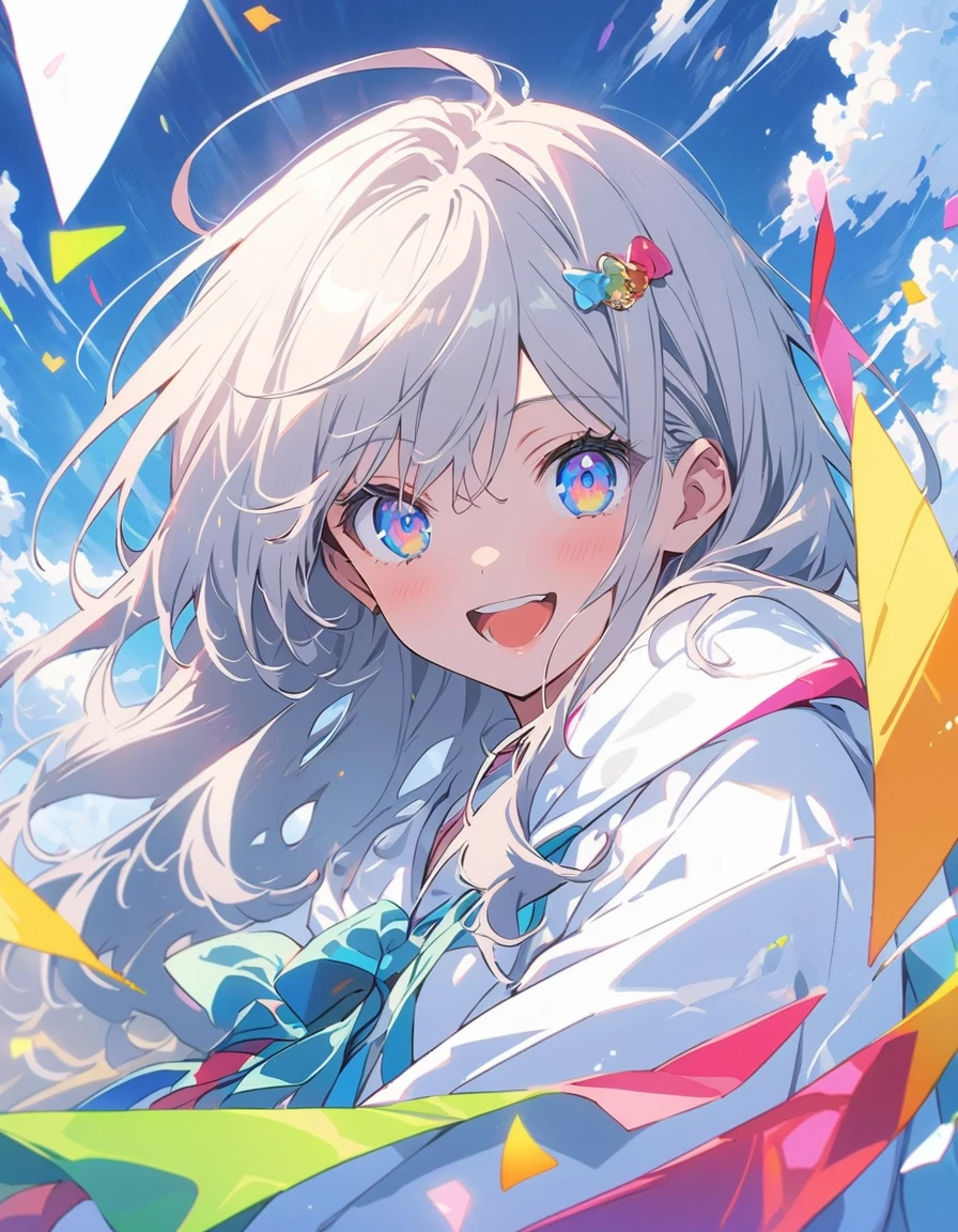 in love, Boys and Girls, 18-year-old, Happy, Happy、(highest quality、masterpiece、High resolution、detailed)、animeスタイル、Flat Style、(iridescent eyes,detailed美しい顔), BREAK,extremely detailed、floating, (High saturation), (Colorful paper_cut), (Shine), Focus on the face, Dynamic Angle、anime