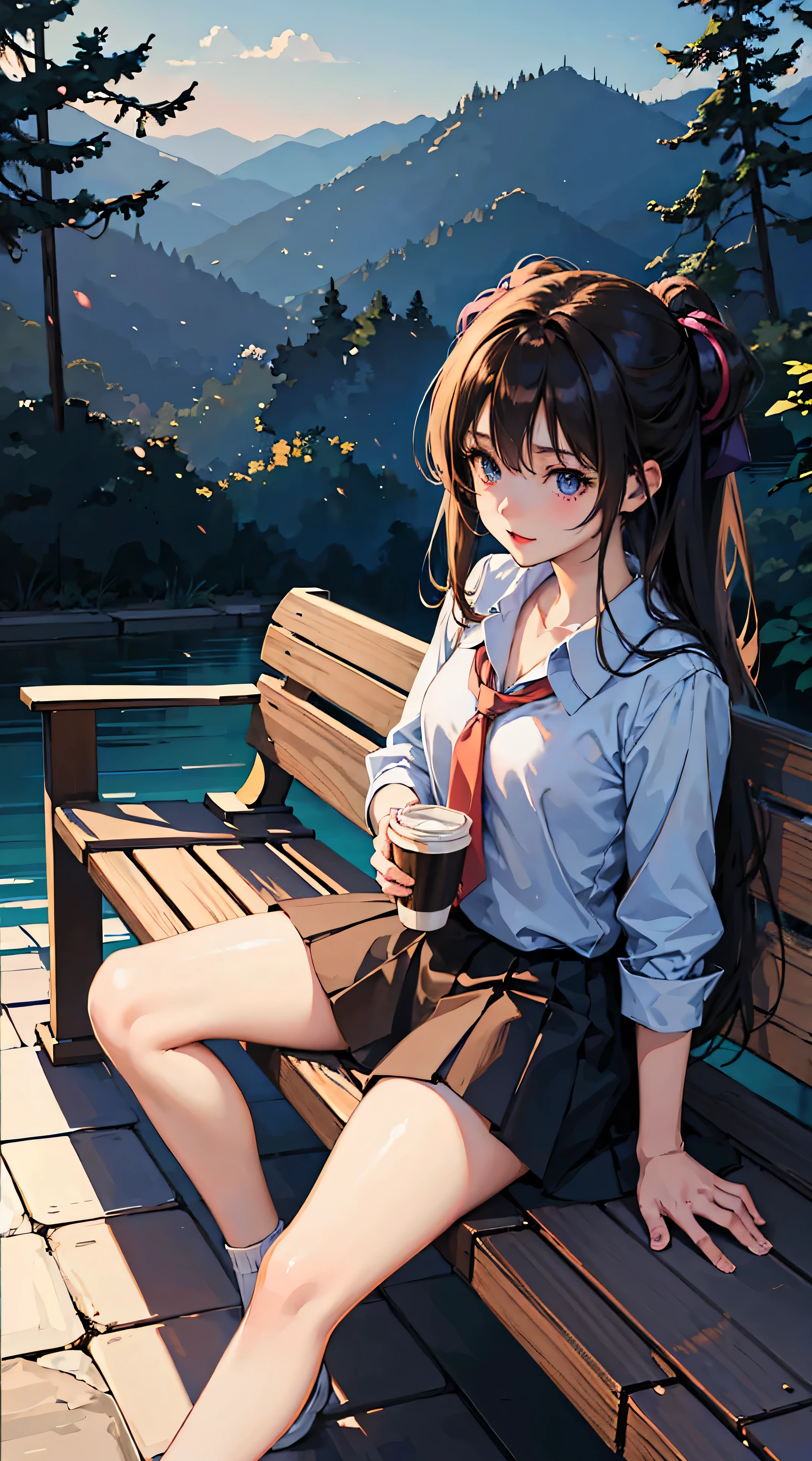 anime girl sitting on a bench with a cup of coffee, cute anime girl, anime style illustration, soda themed girl, beautiful anime high school girl, a hyperrealistic schoolgirl, anime girl, young anime girl, beautiful anime girl, anime girl drinks energy drink, anime style 4 k, digital anime illustration, retro anime girl, anime visual of a cute girlhd light and dark, balance rendering, (HD lighting and dark ),(epic image quality),(many effects in background)hd light and dark, balance rendering, (HD lighting and dark ),(epic image quality),(many effects in background)