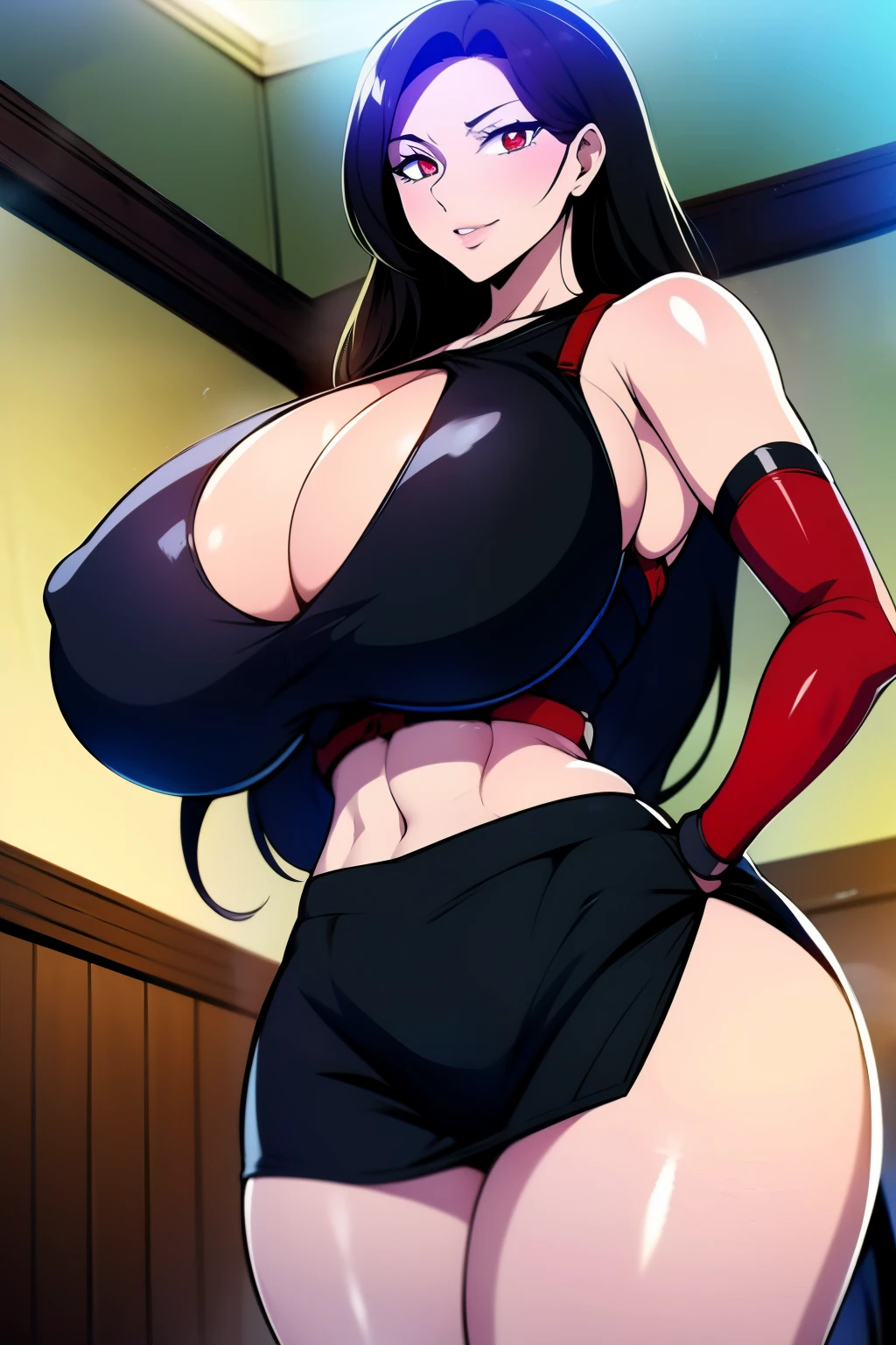 An anime-style artwork depicting tifa from the game final fantasy 7

Tags: tifa, anime, detailed eyes, detailed lips, ass, 1girl, red eyes, gauntlet, elbow pad, miniskirt, (black crop top:1.1), (black hair:1.1), solo, huge breasts, smiling expression, intense gaze, dynamic pose, indoor, palace, vibrant colors, digital art, high-resolution, professional quality, gigantic breasts, cleavage), curvy, cowboy shot, (gigantic breasts: 1.4),