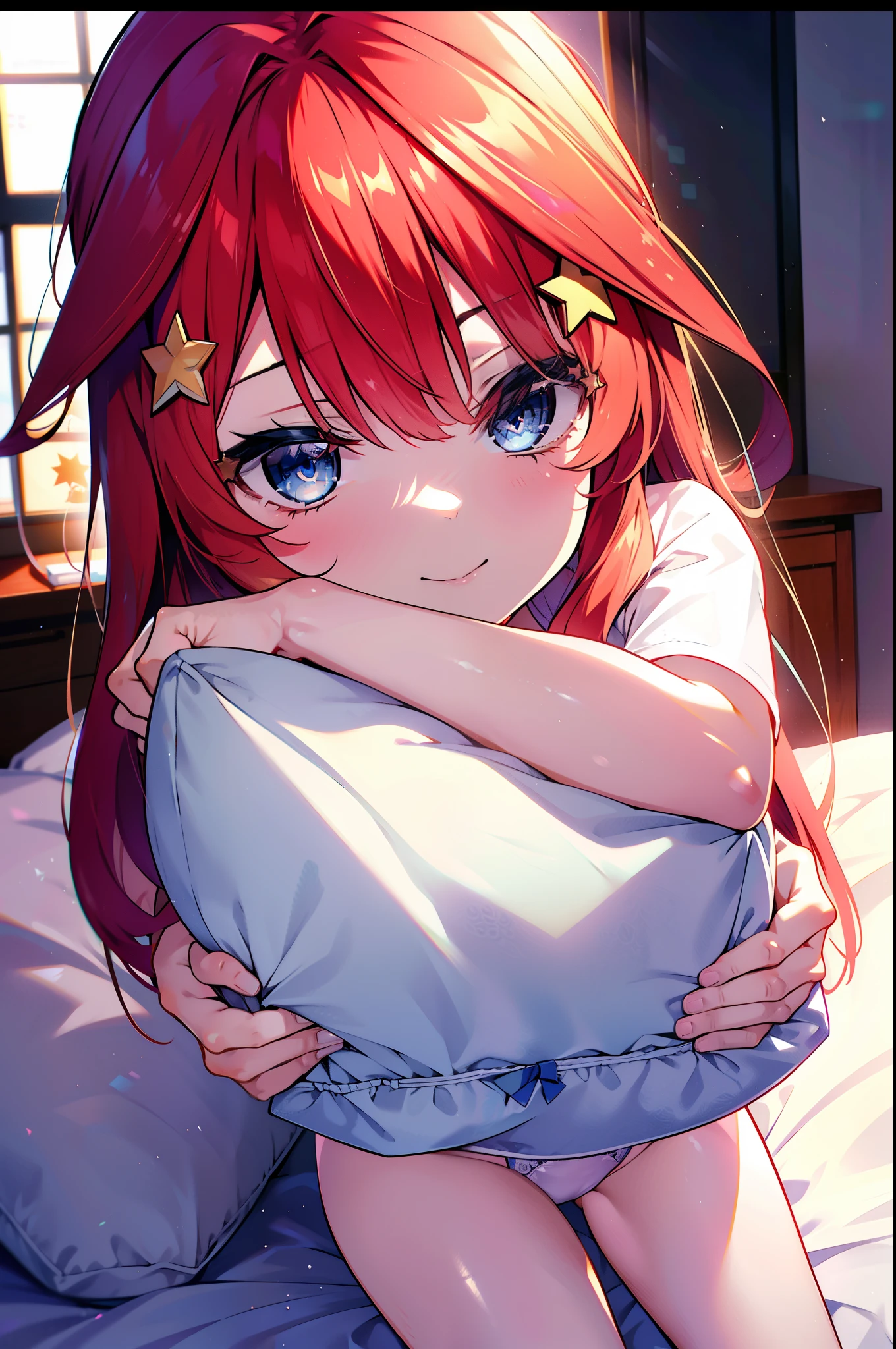 itsukinakano, Itsuki Nakano, bangs, blue eyes, Hair between the eyes, Ahoge, Redhead, star \(symbol\), hair ornaments, star hair ornaments,smile,Open your mouth,
Looks sleepy,Oversized T-shirt,Black string underwear,barefoot,Holding a big pillow in both arms,Put your face on the pillow,Sitting on the bed,morning,morning陽,The sun is rising　　　　　　　　　　　　　　　　　　 　　　break indoors, Bedroom, 　　　　　　　　　　　　　　　break looking at viewer, (Cowboy Shot:1. 5)　　　　　　　　　　　　　　　　　　　　　break (masterpiece:1.2), highest quality, High resolution, unity 8k wallpaper, (shape:0.8), (Beautiful details:1.6), Highly detailed face, Perfect lighting, Extremely detailed CG, (Perfect hands, Perfect Anatomy),