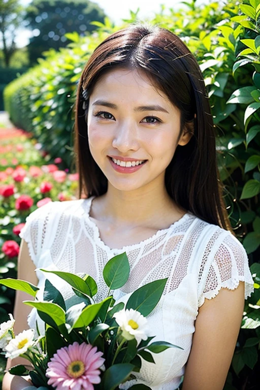 Realistic photography, Beautiful women. ,flower garden,smile