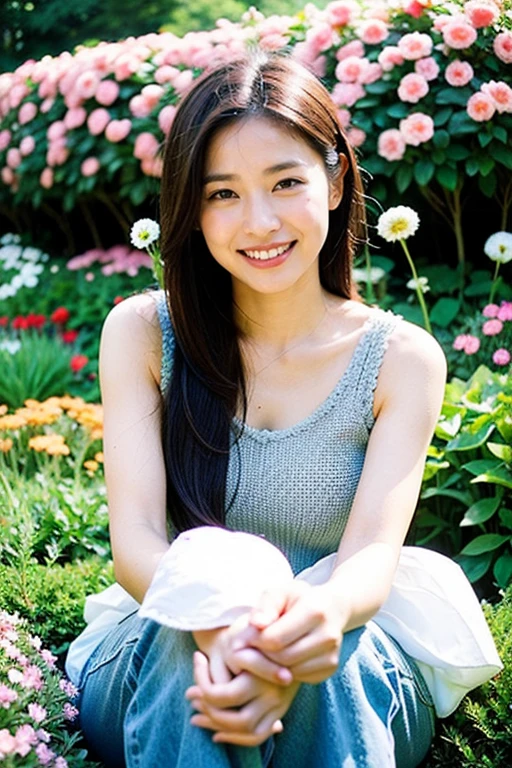 Realistic photography, Beautiful women. ,flower garden,smile