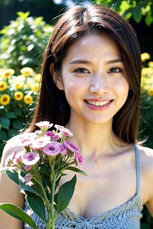 Realistic photography, Beautiful women. ,flower garden,smile