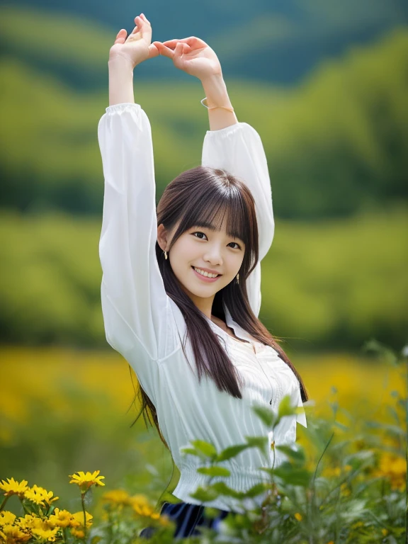Photo-realistic quality、花畑でPauseをとる女性がいる, Pause(Raise the hand + Happy), Chiho, Portrait of a Japan teenager、 Young Gravure Idol、smile、In the foreground is a yellow flower field、The background is a green forest、Blur the background a lot、Shot with a 200mm lens、She is wearing a white blouse with a large ribbon on her chest.、Slightly larger breastorning Clearance々Shining rays、No flare、looking at the camera、Anatomically correct hands and fingers