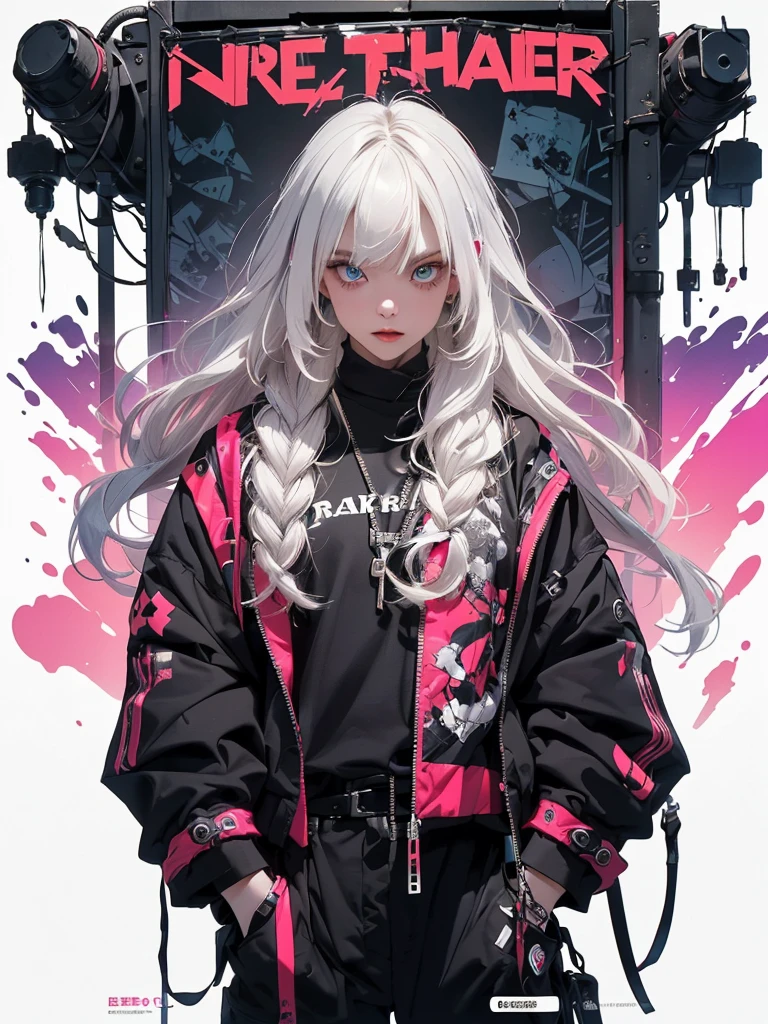 ((((dramatic))), (((gritty))), (((intense))) film poster featuring a young platinum white hair woman as the central character. She stands confidently in the center of the poster, wearing a stylish and edgy Harajuku-inspired hip hop outfit, with a determined expression on her face. The background is aesthetic atmospheric dark and gritty, with a sense of danger and intensity. The text is bold and attention-grabbing, with a catchy tagline that adds to the overall feeling of drama and excitement. The color palette is mainly dark with splashes of vibrant neon colors, giving the poster a dynamic and visually striking appearance,tachi-e
(magazine:1.3), (cover-style:1.3), fashionable, woman, vibrant, outfit, sexy seductive posing, front, colorful, dynamic, background, elements, confident, expression, holding, statement, accessory, majestic, coiled, around, touch, scene, text, cover, bold, attention-grabbing, title, stylish, font, catchy, headline, larger, striking, modern, trendy, focus, fashion,