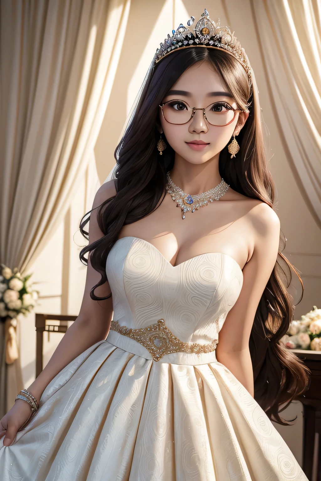 detailed face of half body photo. 25 year old Indonesian girl with a sweet face, big round face and long brown wavy hair, round glasses, wear long white luxury Sleeveless strapless wedding dress with pattern and diamond crown with hold long transparan skirt with stand in luxury wedding stage with leaf and grape background