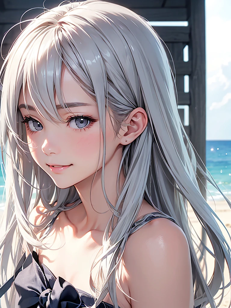 highest quality、Realistic、Women、Japanese、zoom、look up、cute、smile、Seaside、Gray eyes、Platinum Blonde Hair、long hair、Blowing in the Wind、profile、Silver lingerie、Face close-up、slender、Small breasts