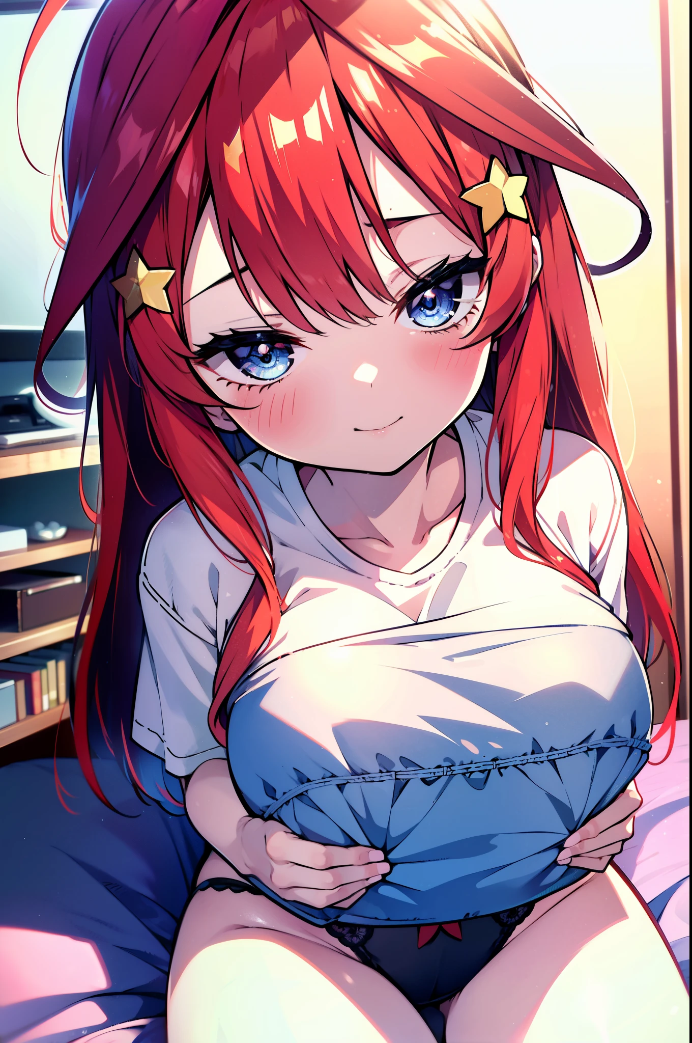 itsukinakano, Itsuki Nakano, bangs, blue eyes, Hair between the eyes, Ahoge, Redhead, star \(symbol\), hair ornaments, star hair ornaments,smile,Open your mouth,
Looks sleepy,Oversized T-shirt,Black string underwear,barefoot,Holding a big pillow in both arms,Put your face on the pillow,Sitting on the bed,morning,morning陽,The sun is rising break indoors, Bedroom, break looking at viewer, (Cowboy Shot:1. 5) break (masterpiece:1.2), highest quality, High resolution, unity 8k wallpaper, (shape:0.8), (Beautiful details:1.6), Highly detailed face, Perfect lighting, Extremely detailed CG, (Perfect hands, Perfect Anatomy),