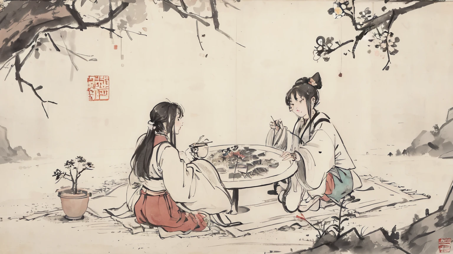 (masterpiece, best quality: 1.2), Traditional Chinese ink painting, Stone round table,grassland,Flowers,Two characters