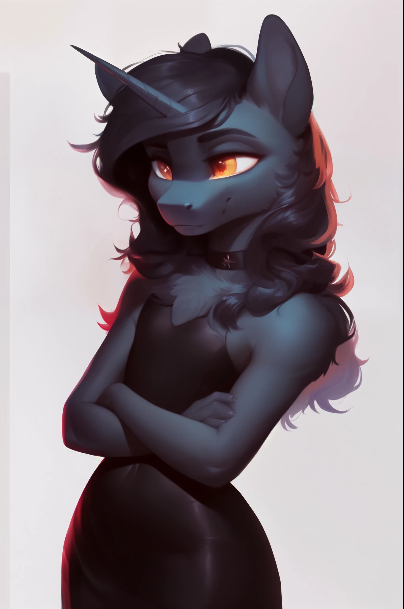solo, rating_safe, score_9, fluffy, anthro alicorn pony, black fur, long black hair, bored, arms crossed, black dress, flat chest