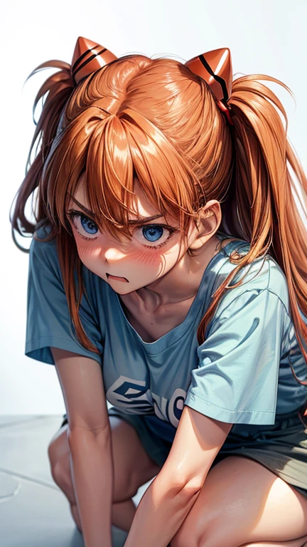 Perfect Face、Asuka Langley、Ample breasts、Slim fit、Large shirt for men、Do not close the button、The lower body is underwear、Crouching、Camera is viewed from above、looking at the camera、Bloated and angry、Blushing