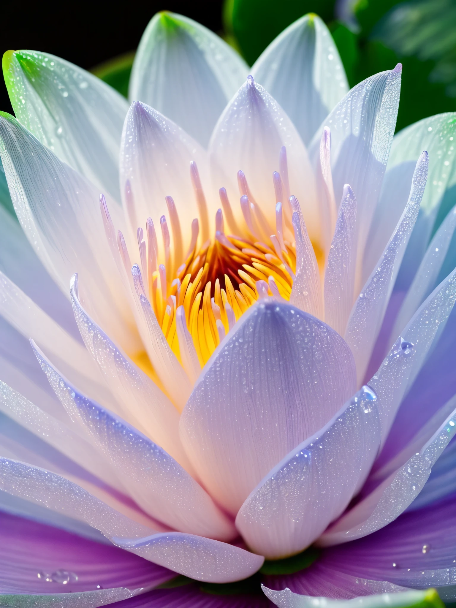 (best quality:1.2,realistic,photorealistic:1.37),glass iridescent lotus,macro lens,dew drops on petals,high resolution,ultra-detailed,sharp focus,colors:soft pastel,pure white,subtle pink,light blue,soft purple,vivid green,lighting:warm sunlight,micro details