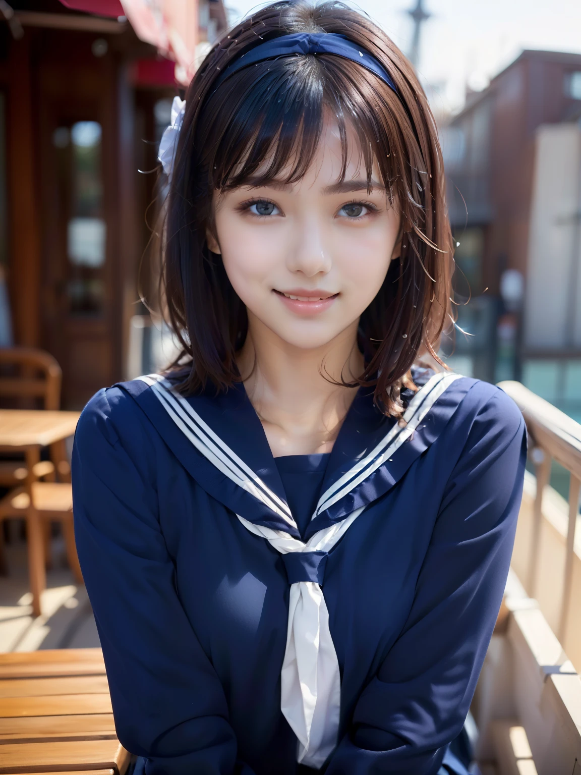 sailor uniform, One Woman, (Beautiful woman, delicate :1.3), Black Hair, Bobcut, Bangs, (8K), (highest quality: 1.2), (Realistic), (Realistic: 1.37), (masterpiece), (Ultra-high resolution), (Raw photo), (Absolute Resolution), (((face is small compared to body: 1.4))), (((Small face:１.4))), A balanced face, (Small Mouth: 1.4), ((Slim female body: 1.4)), Black Hair, (((All navy blue long sleeve セーラー服))), Realistic女子高生, (((White headband))), Small breasts, Slanted Eyes, Light blue eyes, (Cafe on the open terrace), Open your mouth, smile, Blurred, Bust Shot,