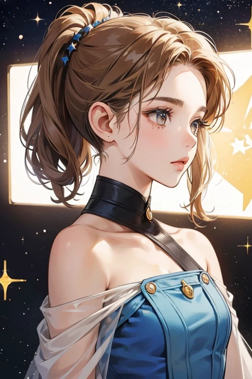 light brown hair she keeps in a chignon. As a member of the Joestar family, Holy, like her father and son, has a small star-shaped birthmark at the back of her left shoulder, near her neck. SPARKLE; GLITTER